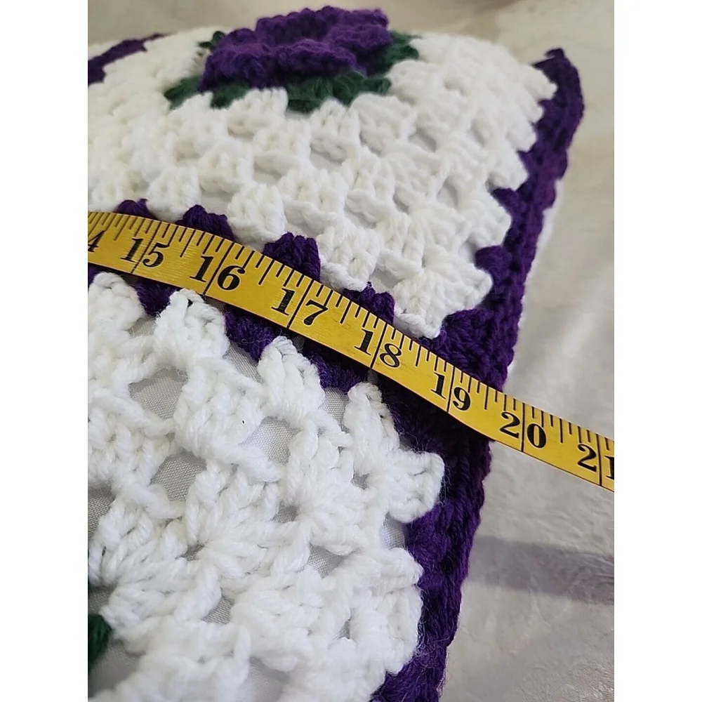 NEW, Hand Crochet Granny Square Throw Pillow Purple White 20
